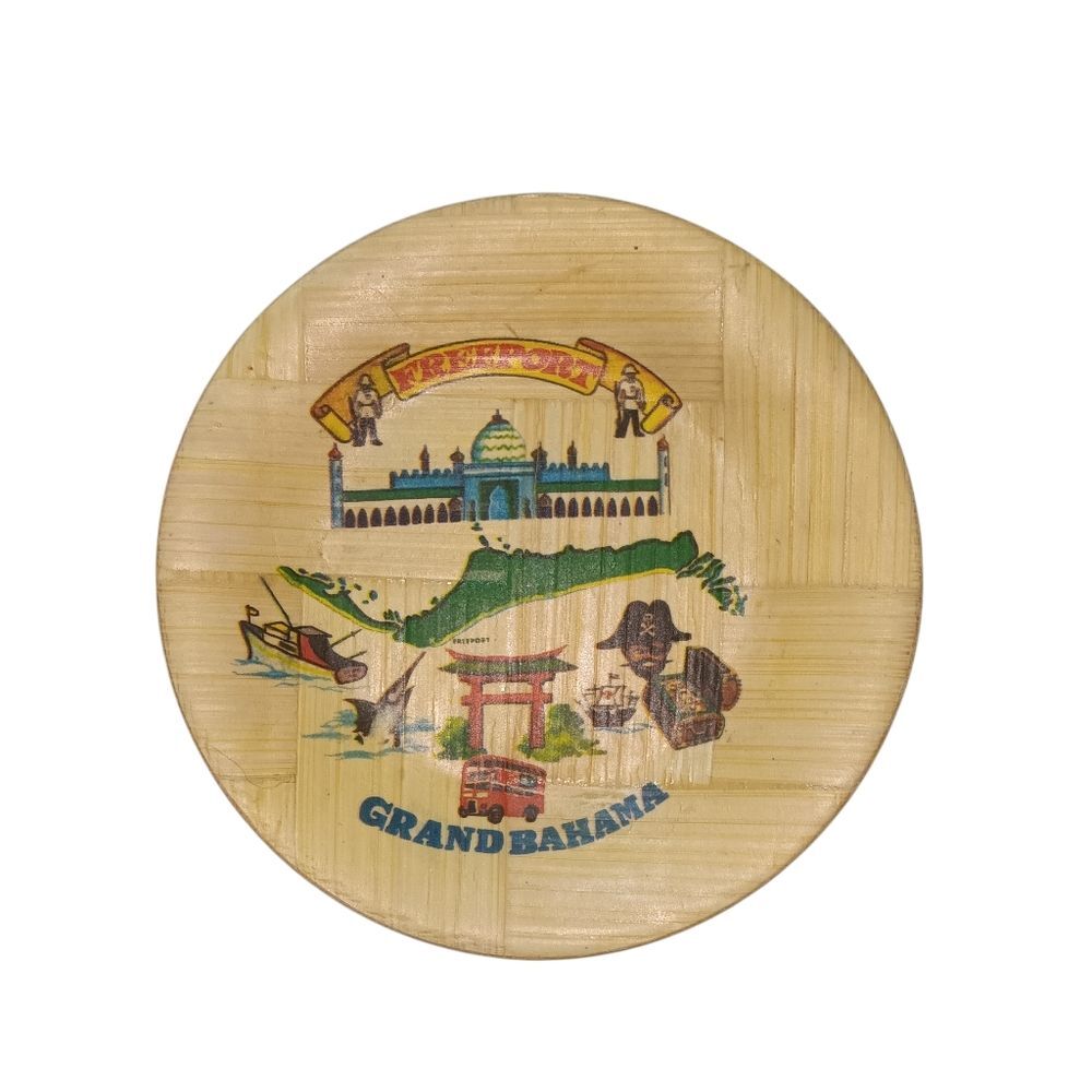 Vintage Freeport Grand Bahama Souvenir 4" Bamboo Coaster Plates Set